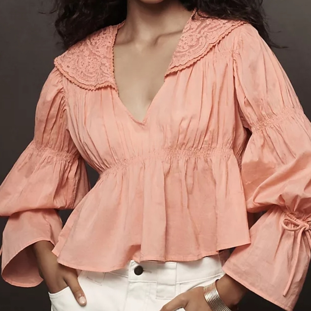 Anthropologie Orange Ruffled Babydoll Collar Blouse, XSMALL